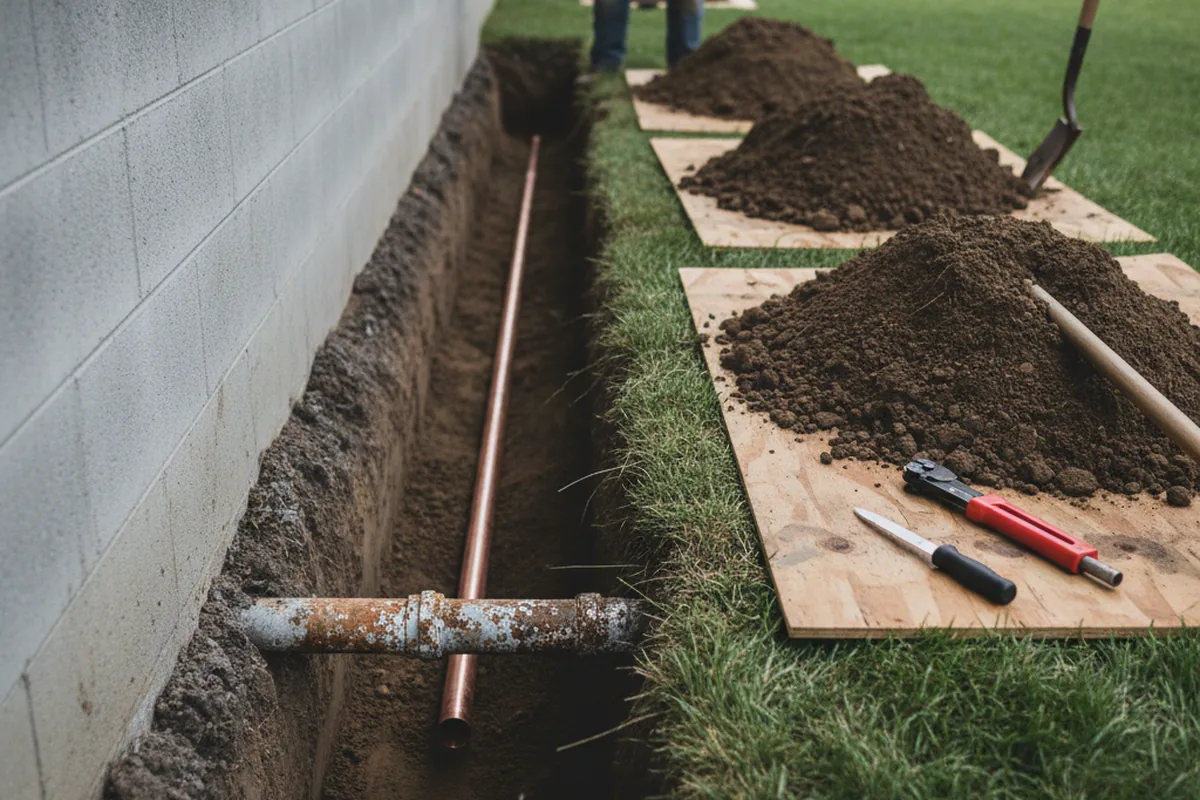 Excavated water line trench during Sewer Line Repair in Dewar